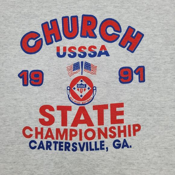 Vintage 1991 USSSA Church Softball Shirt Womens L 21x26 Gray - Picture 10 of 14